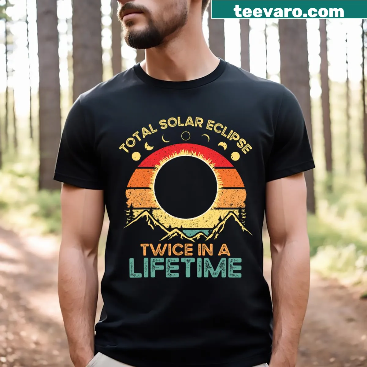 T-shirt featuring a solar eclipse graphic and typography — on a men's t-shirt
