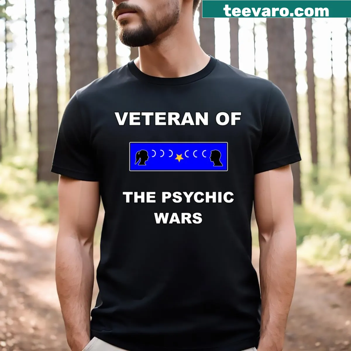 T-shirt with the phrase Veteran Of The Psychic Wars in bold text — on a men's t-shirt