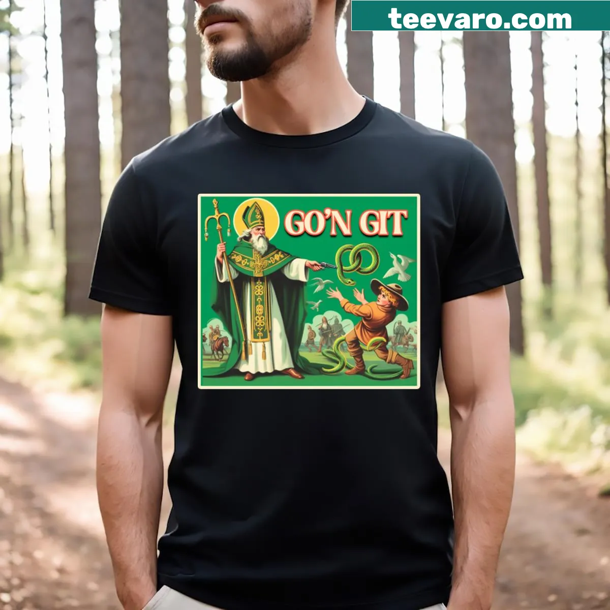 Funny St Patrick's Day t-shirt with cartoon snake design — on a men's t-shirt