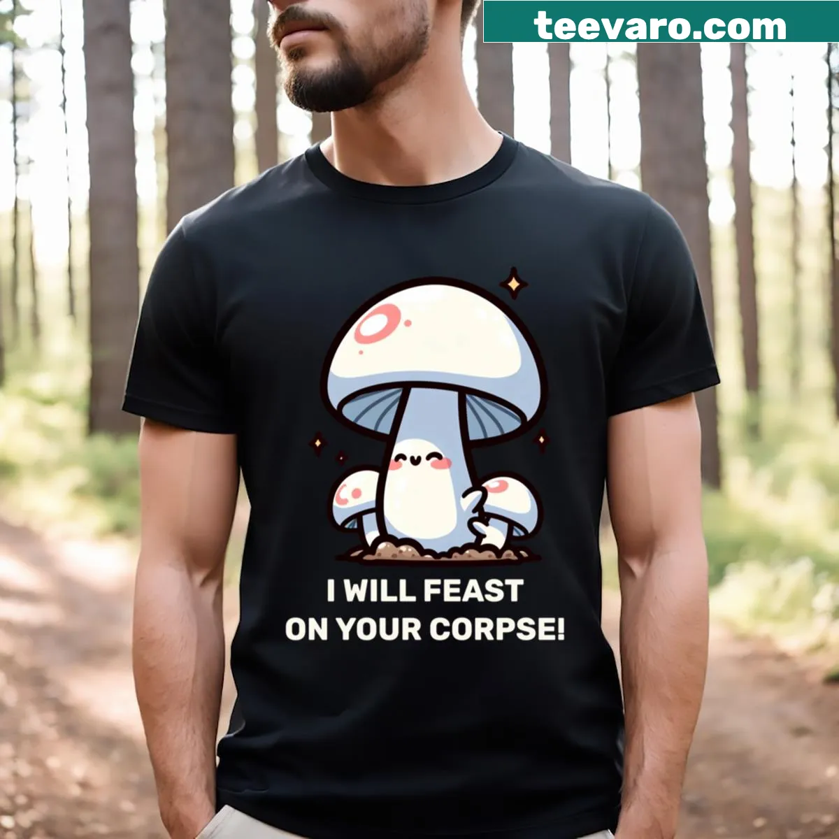 Edgy T-shirt featuring a white mushroom and humorous graphic — on a men's t-shirt