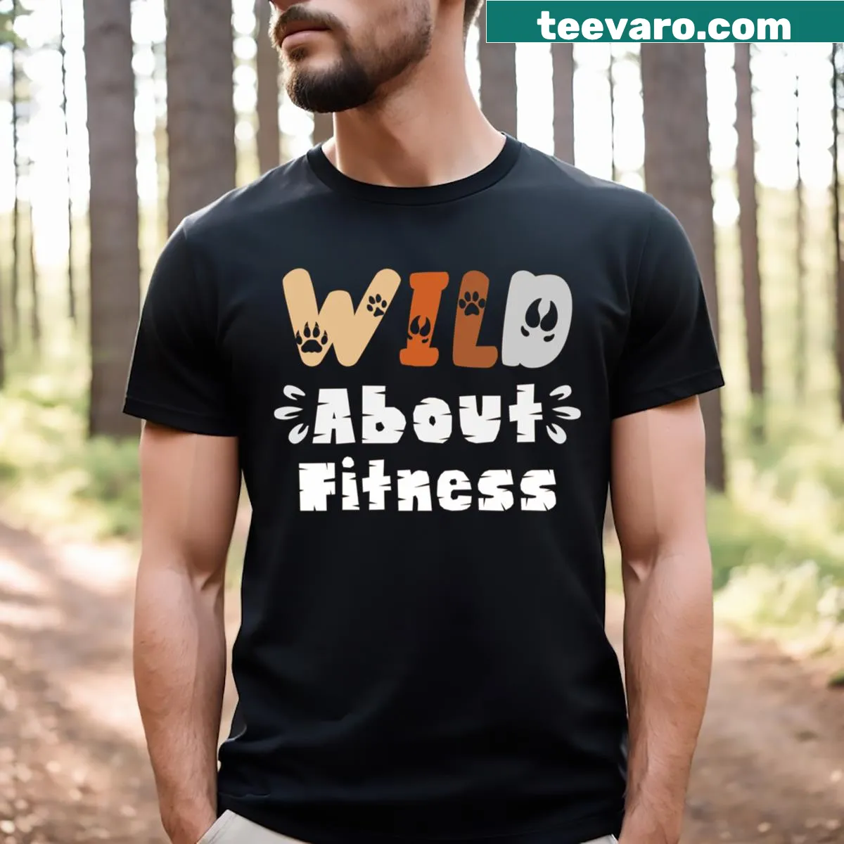 Fitness-themed t-shirt with leopard and zebra paw prints — on a men's t-shirt