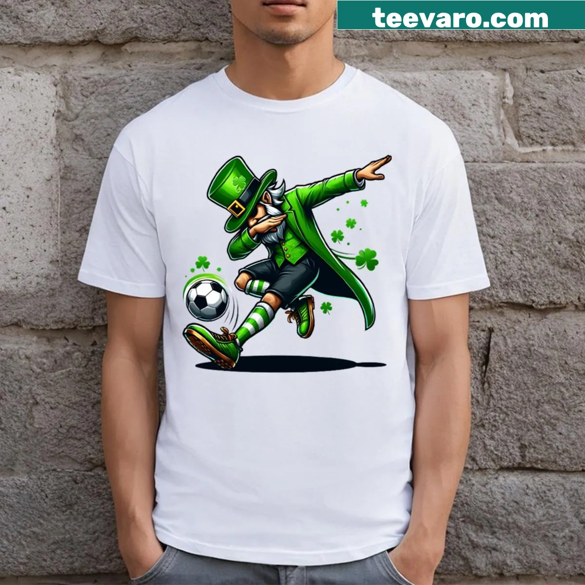 Kids' t-shirt featuring a dabbing leprechaun with a soccer ball, perfect for St. Patrick's Day. — on a men's t-shirt