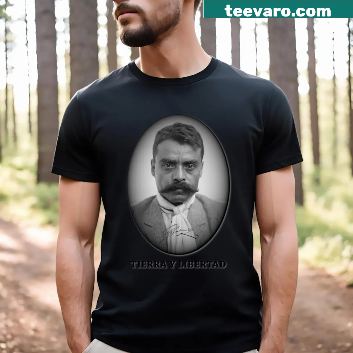 Typography shirt with 'Zapata Land And Freedom' message — on a men's t-shirt