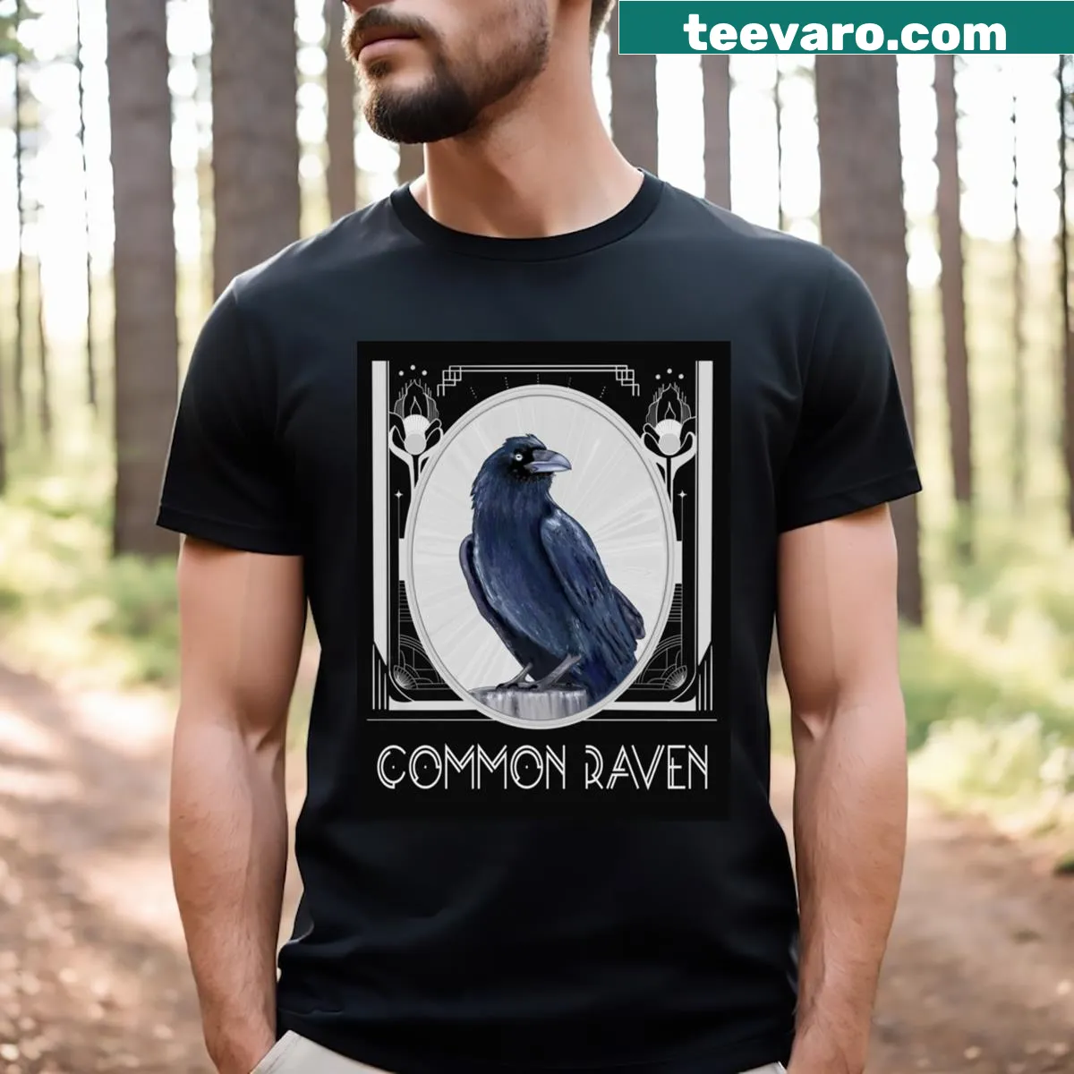 Art Nouveau raven design T-shirt showcasing intricate detailing — on a men's t-shirt