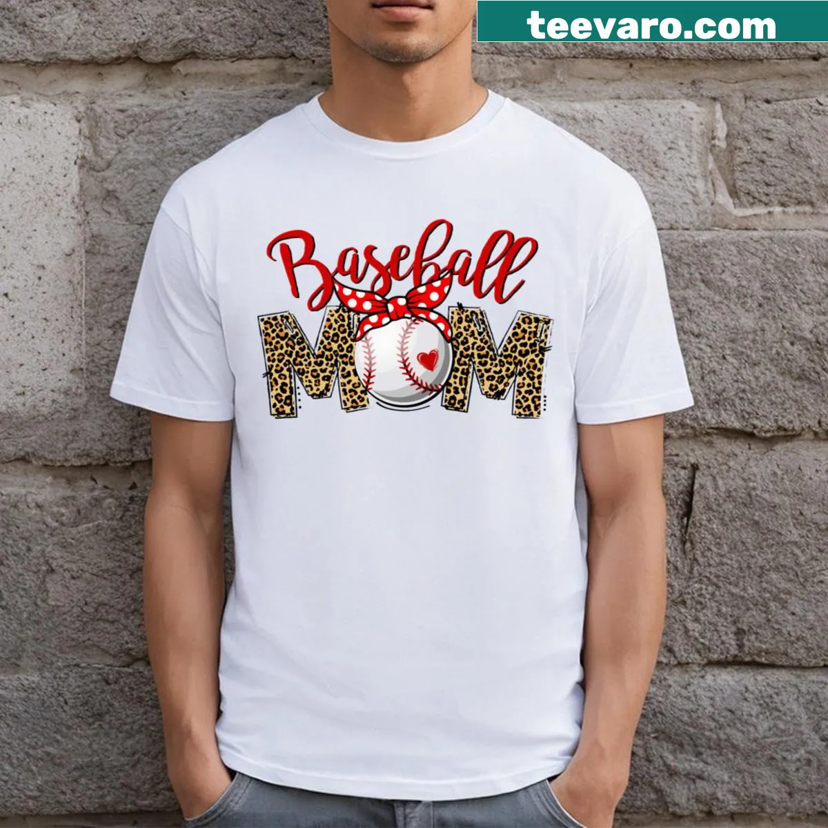 Funny leopard print baseball mom shirt for game days — on a men's t-shirt