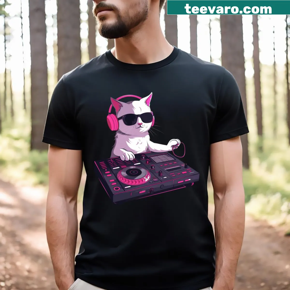 Cartoon DJ cat graphic T-shirt ready to groove — on a men's t-shirt