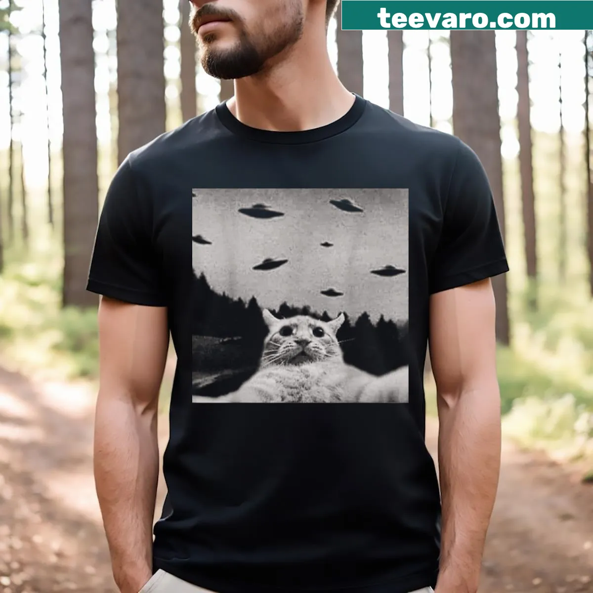 Funny Believe Me Bro Cat t-shirt with humorous text — on a men's t-shirt