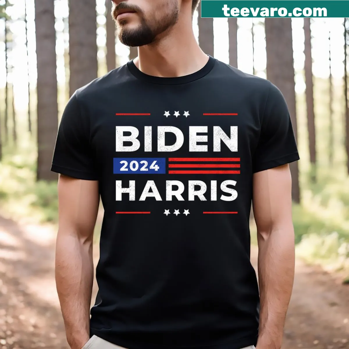 Political T-shirt featuring Biden and Harris with American flag — on a men's t-shirt