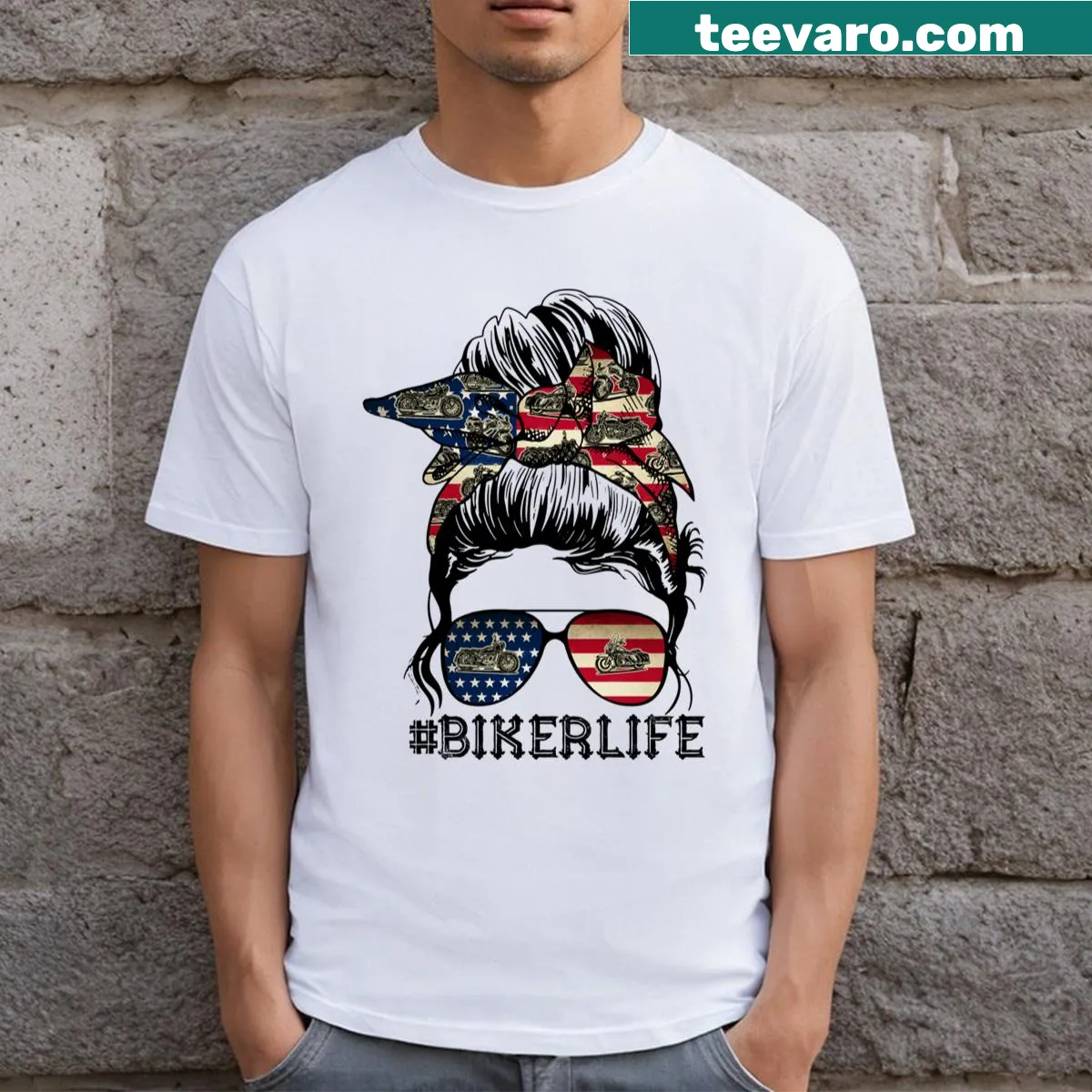 Funny biker life t-shirt with messy bun design — on a men's t-shirt