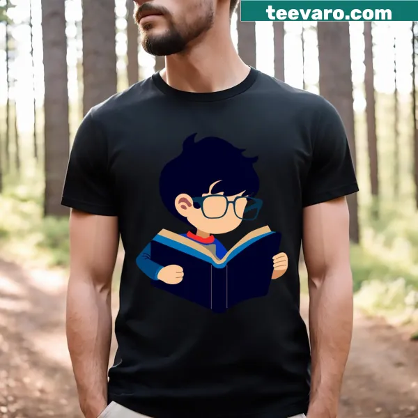 Illustrative t-shirt featuring a bookworm character reading