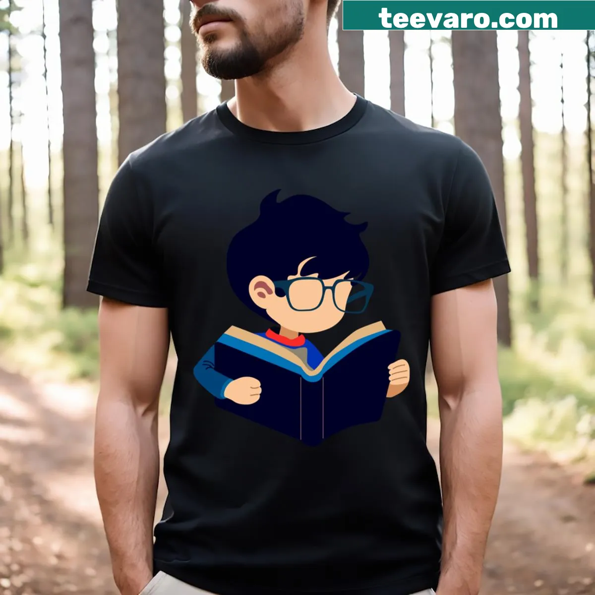 Illustrative t-shirt featuring a bookworm character reading — on a men's t-shirt