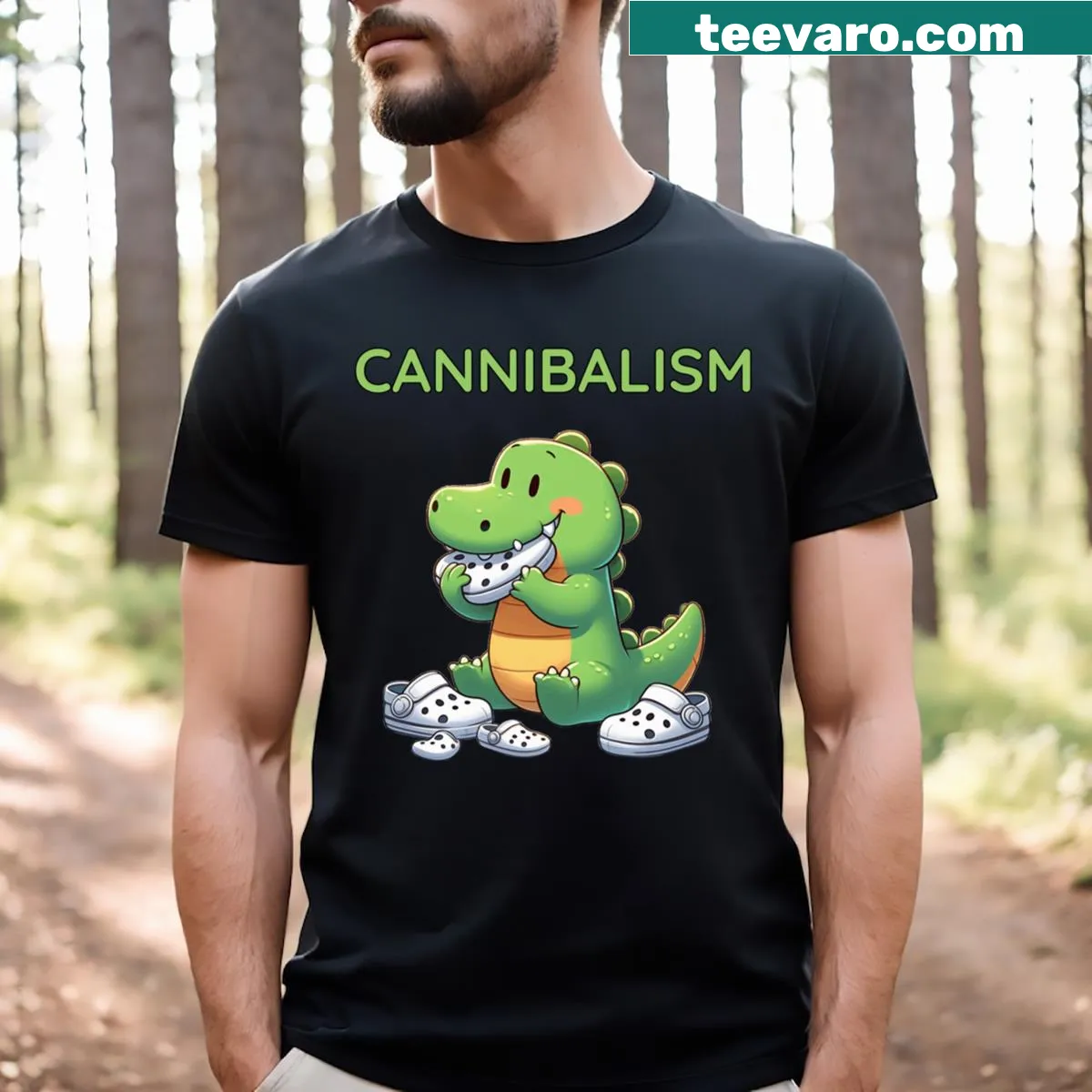Edgy cartoon t-shirt featuring a fun Cannibal Croc illustration — on a men's t-shirt
