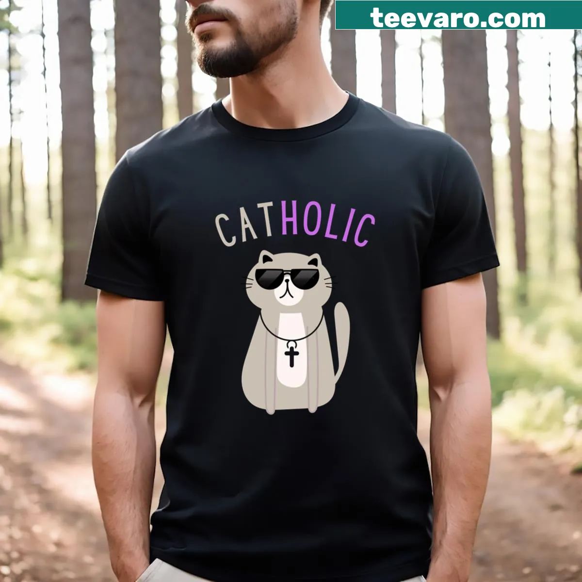 Cute cat graphic combined with Catholic symbols — on a men's t-shirt