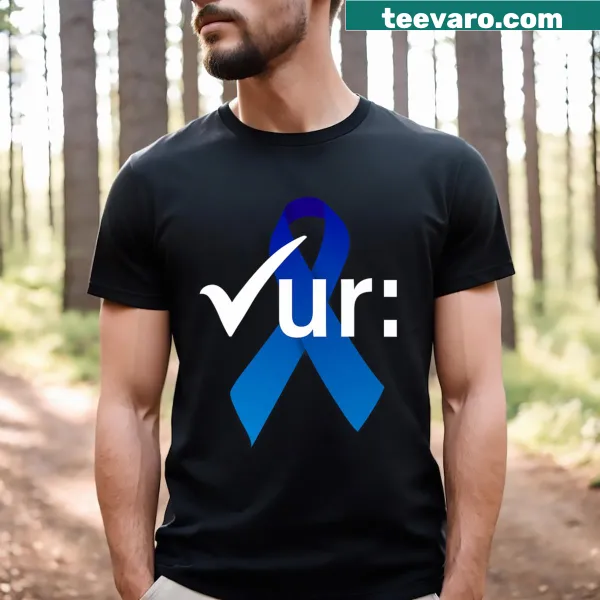 Blue ribbon emblem for cancer awareness on a T-shirt.