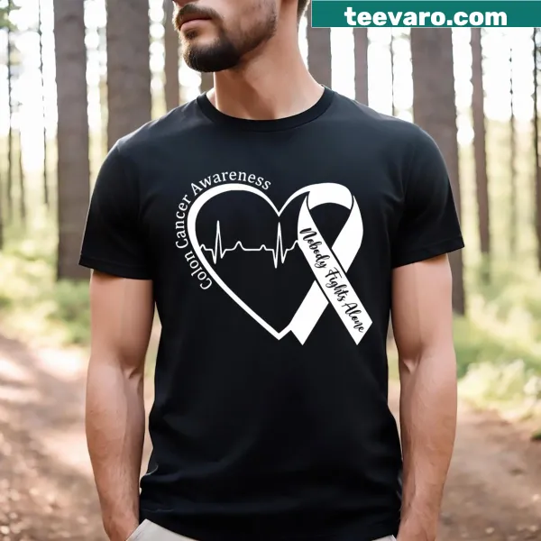 Matching blue ribbon graphic for cancer awareness on a T-shirt.