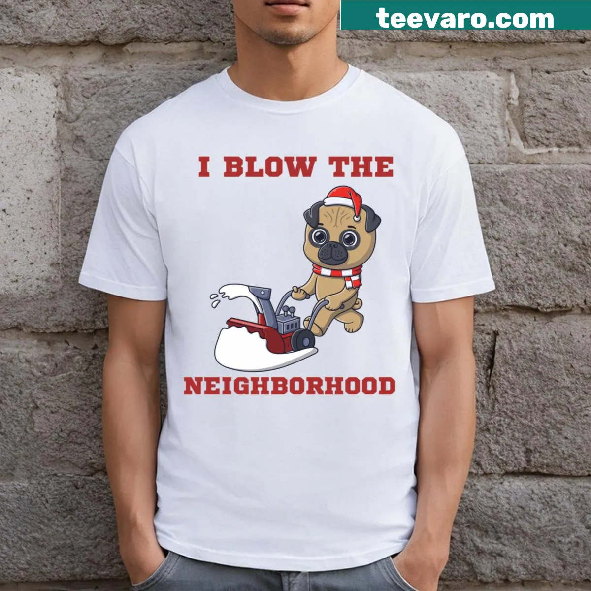 Funny T-shirt for dog lovers featuring a playful snow blower graphic — on a men's t-shirt