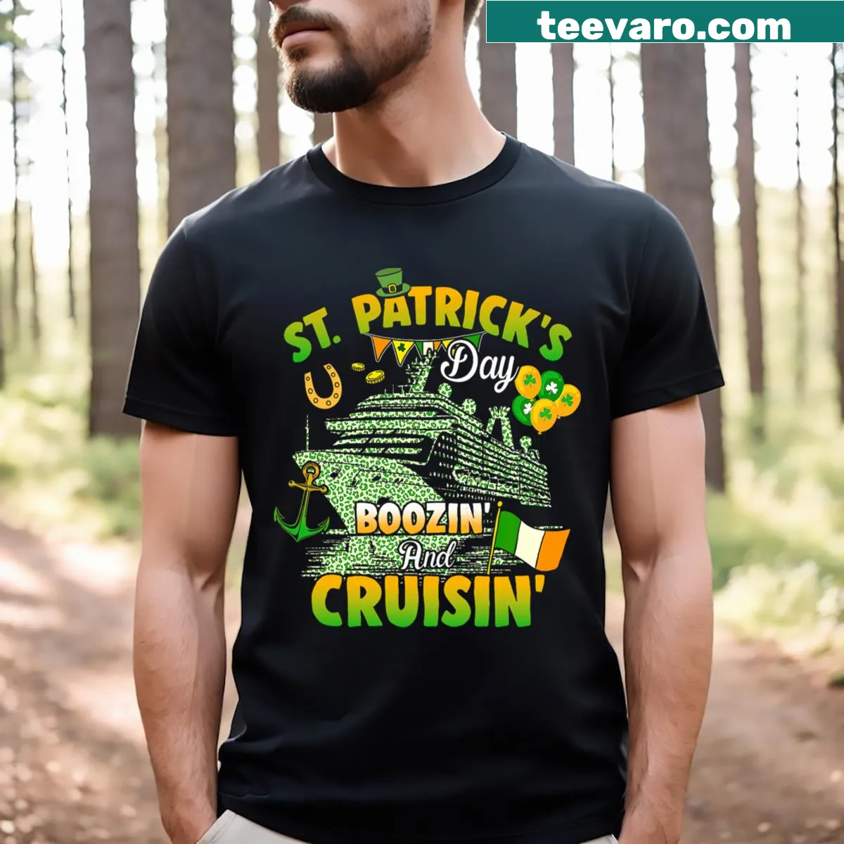 Matching family T-shirt for St. Patrick's Day with 'Cruisin And Boozin' text — on a men's t-shirt