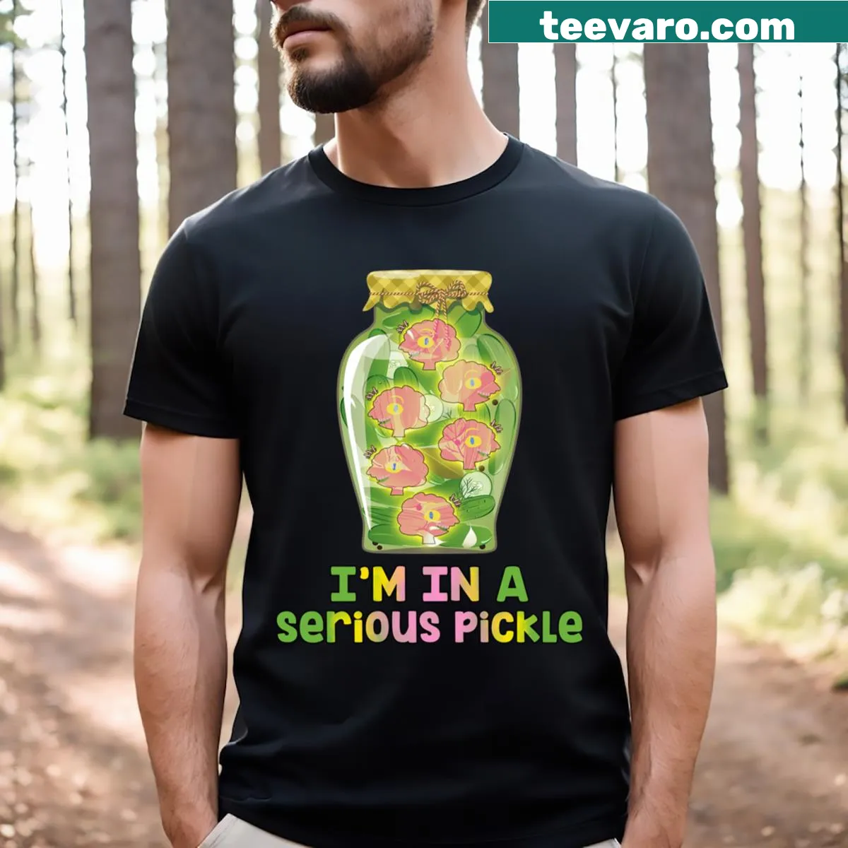 Illustration of a pickles jar from Adventure Time on a T-shirt — on a men's t-shirt