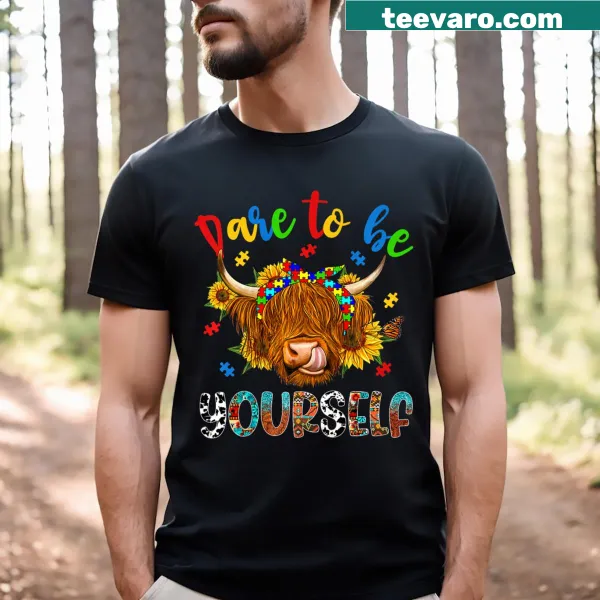Highland cow illustration for autism awareness on a T-shirt