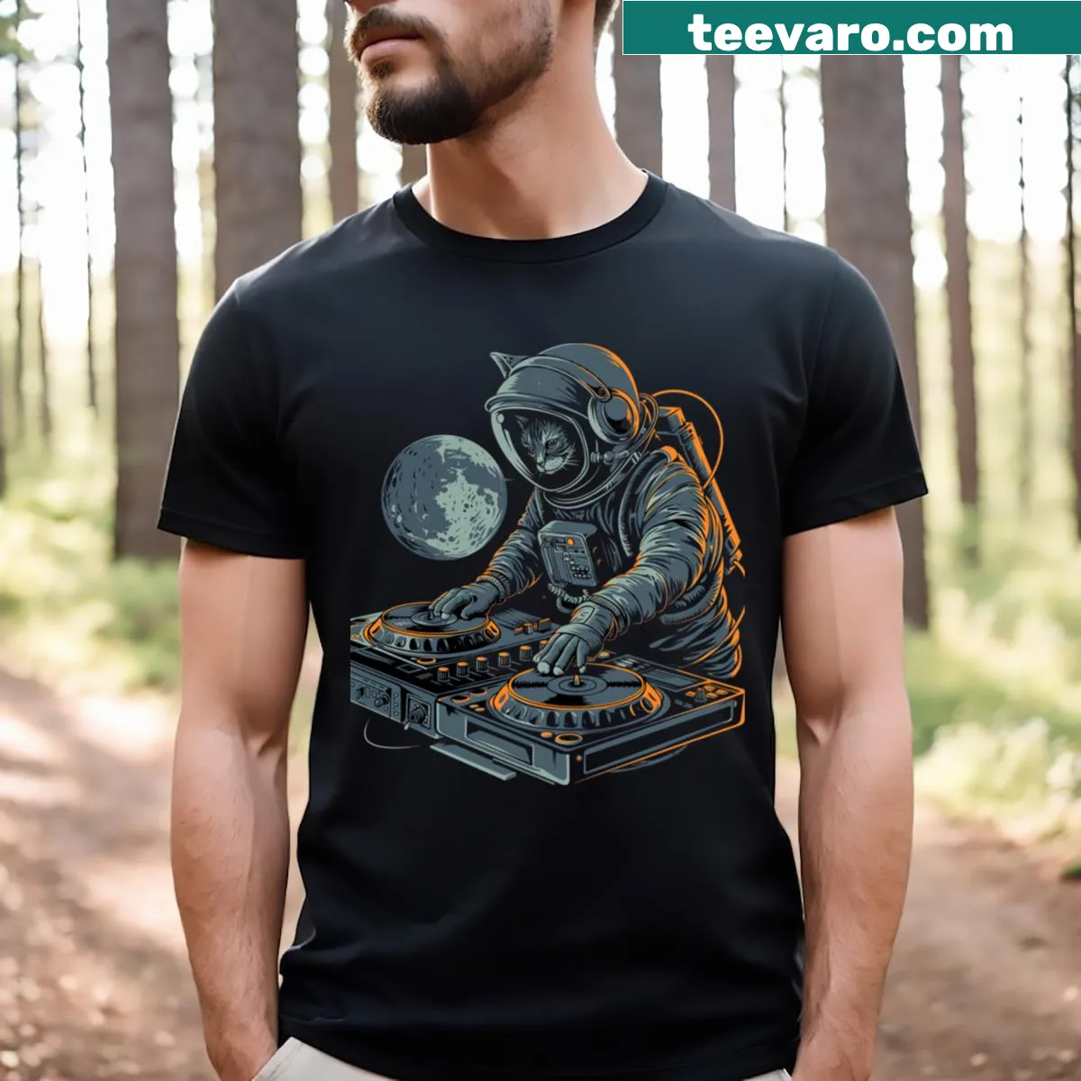 Cartoon cat DJ graphic on Whisker Wobble t-shirt — on a men's t-shirt