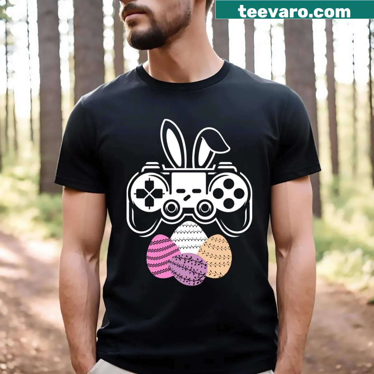Cartoon bunny and eggs gaming-themed Easter tee — on a men's t-shirt