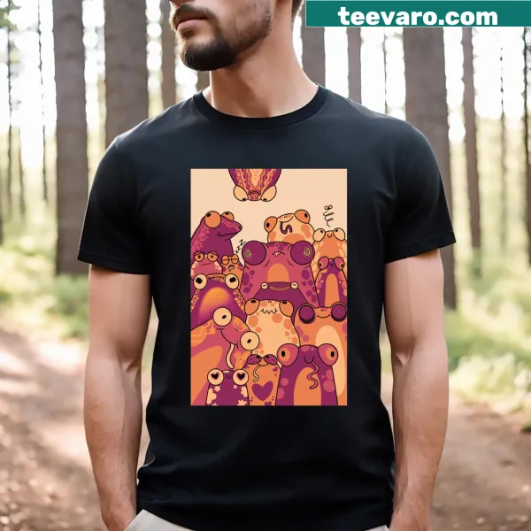Cartoon frogs in a pond with reeds on a fun t-shirt