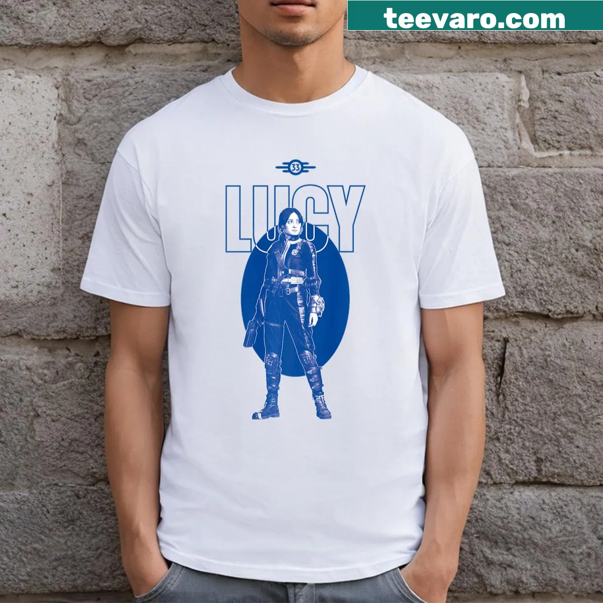 Fallout Lucy graphic T-shirt with nostalgic design — on a men's t-shirt