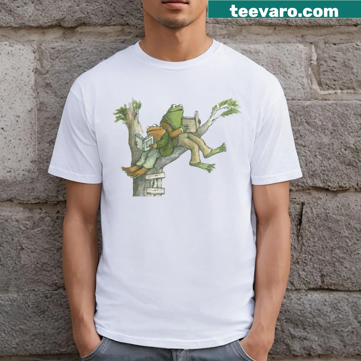 Illustration of Frog and Toad reading in a tree on a T-shirt — on a men's t-shirt