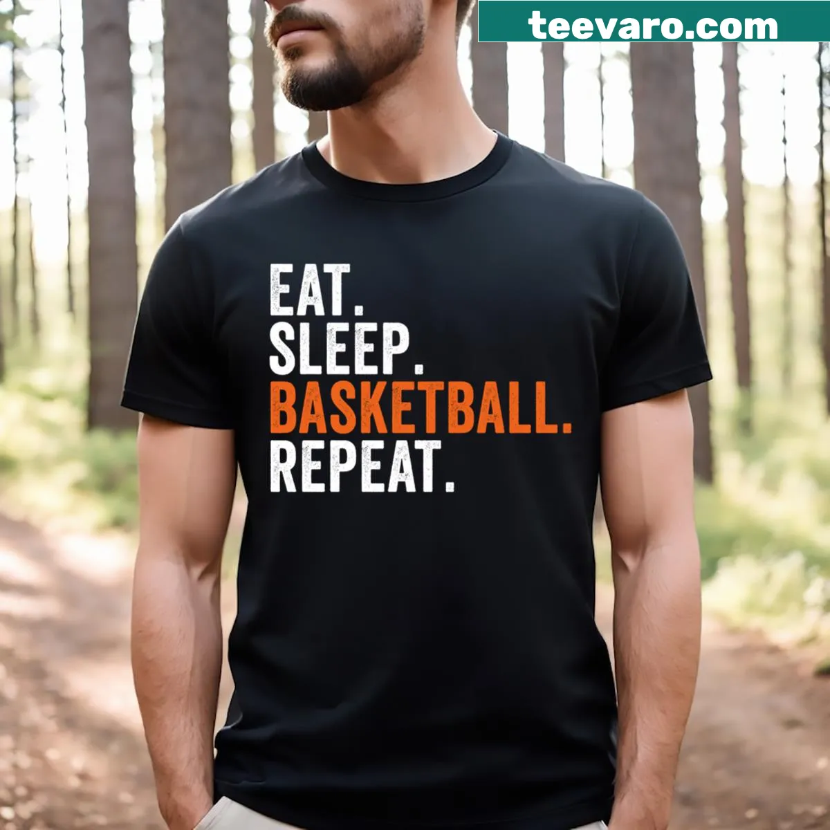 Humorous basketball-themed t-shirt with 'Eat Sleep Basketball Repeat' text — on a men's t-shirt