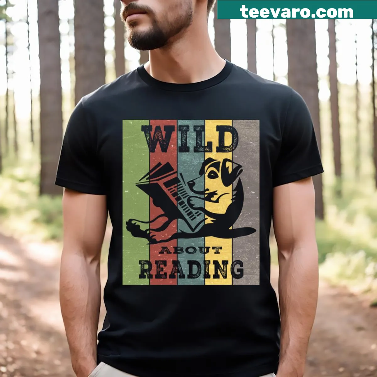 Illustration of a dog with books, celebrating reading and dog lovers — on a men's t-shirt