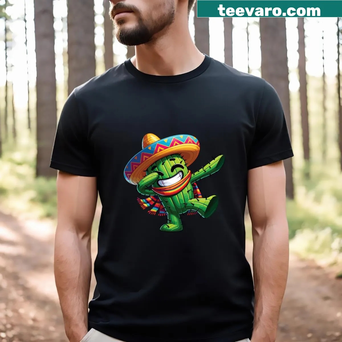 Cartoon dabbing cactus design for Cinco de Mayo T-shirt — on a men's t-shirt