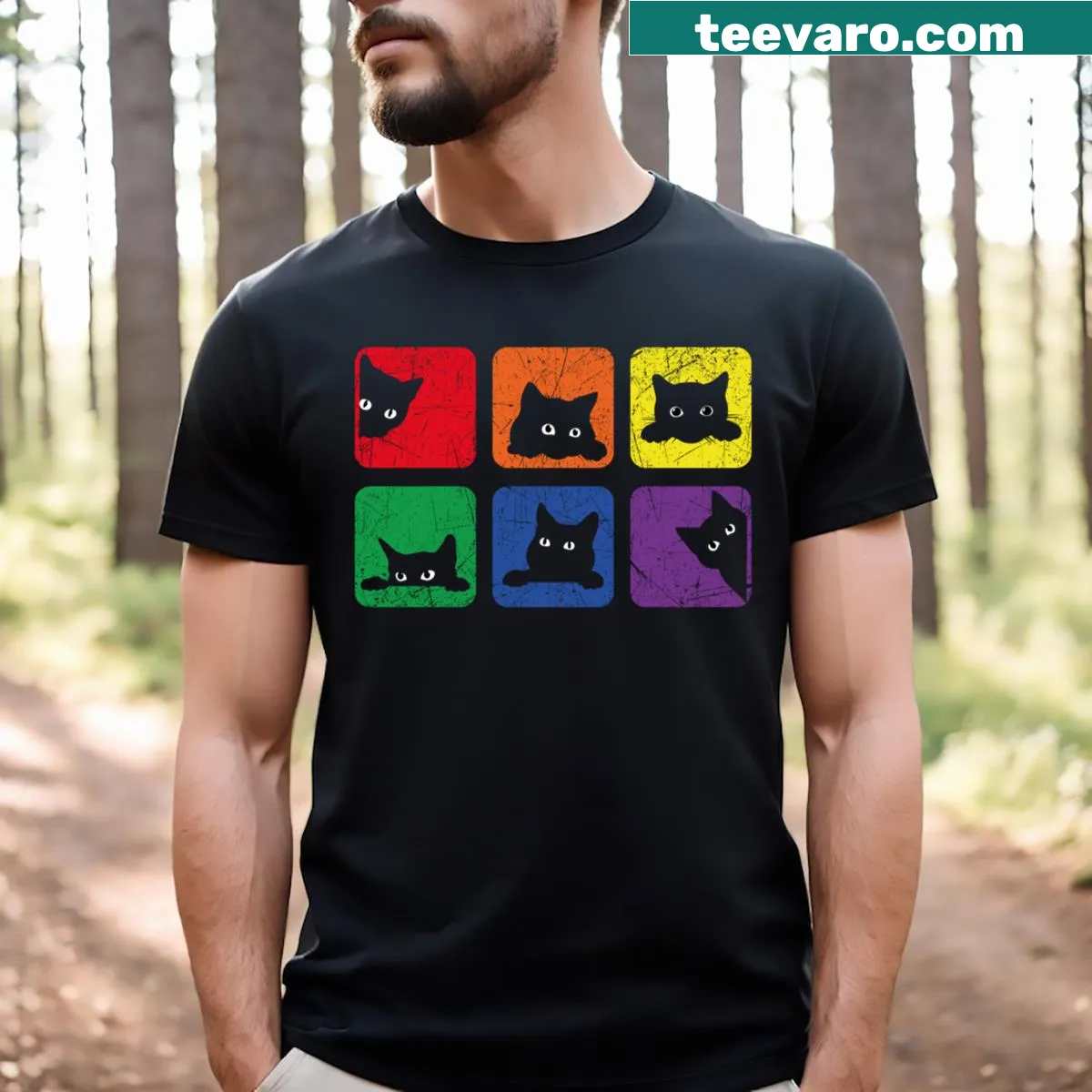 LGBT pride themed T-shirt featuring whimsical cats and rainbow designs — on a men's t-shirt