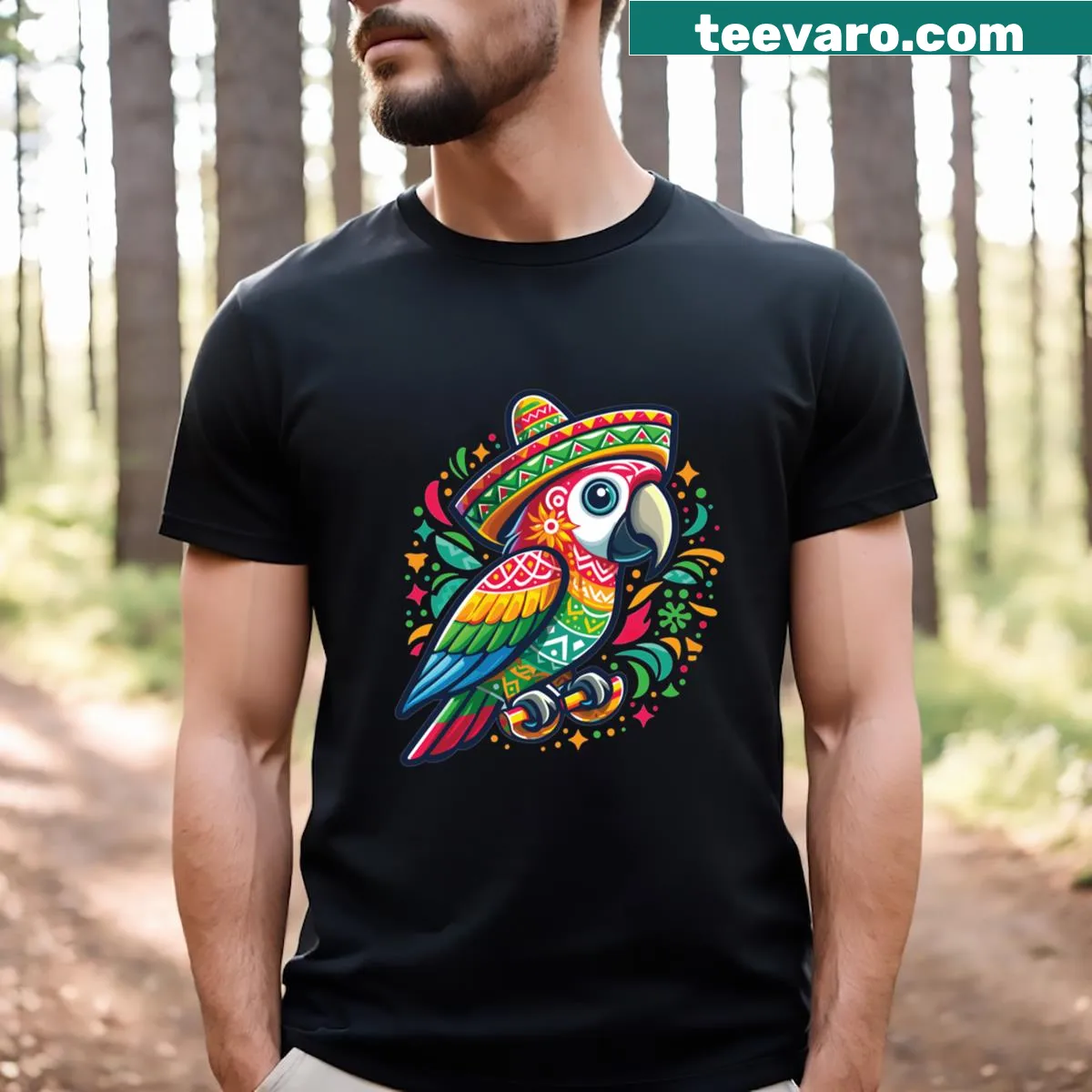 A funny parrot in a sombrero for Cinco De Mayo on a t-shirt — on a men's t-shirt