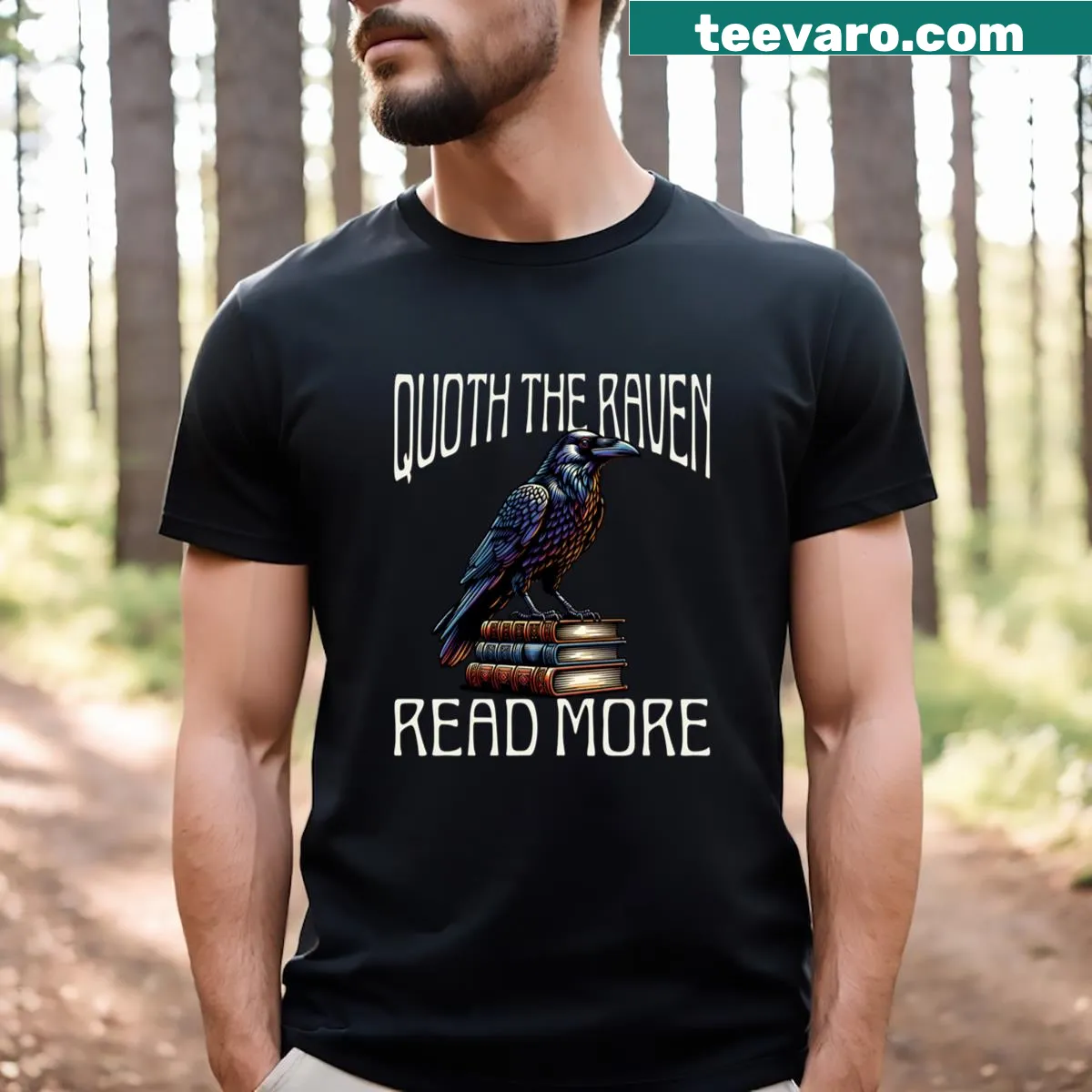 T-shirt featuring a raven on books with 'Read More' for book lovers — on a men's t-shirt