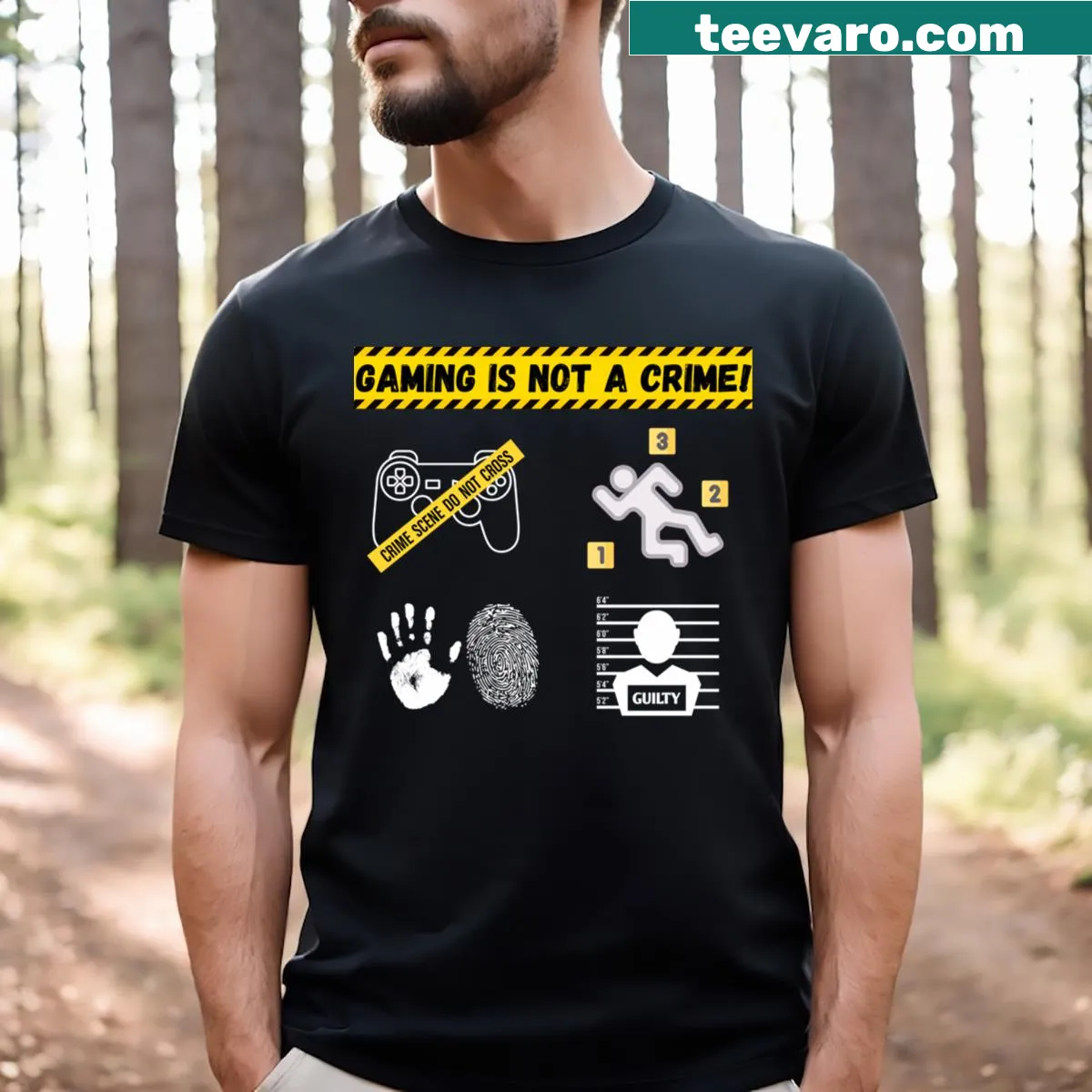 Gaming Is Not A Crime T-shirt with bold text — on a men's t-shirt