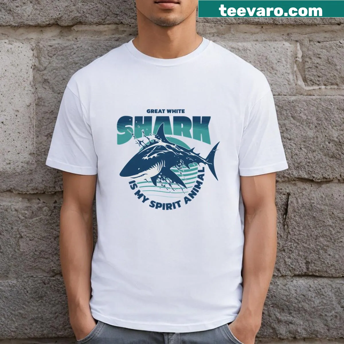 Funny t-shirt with great white shark spirit animal design. — on a men's t-shirt