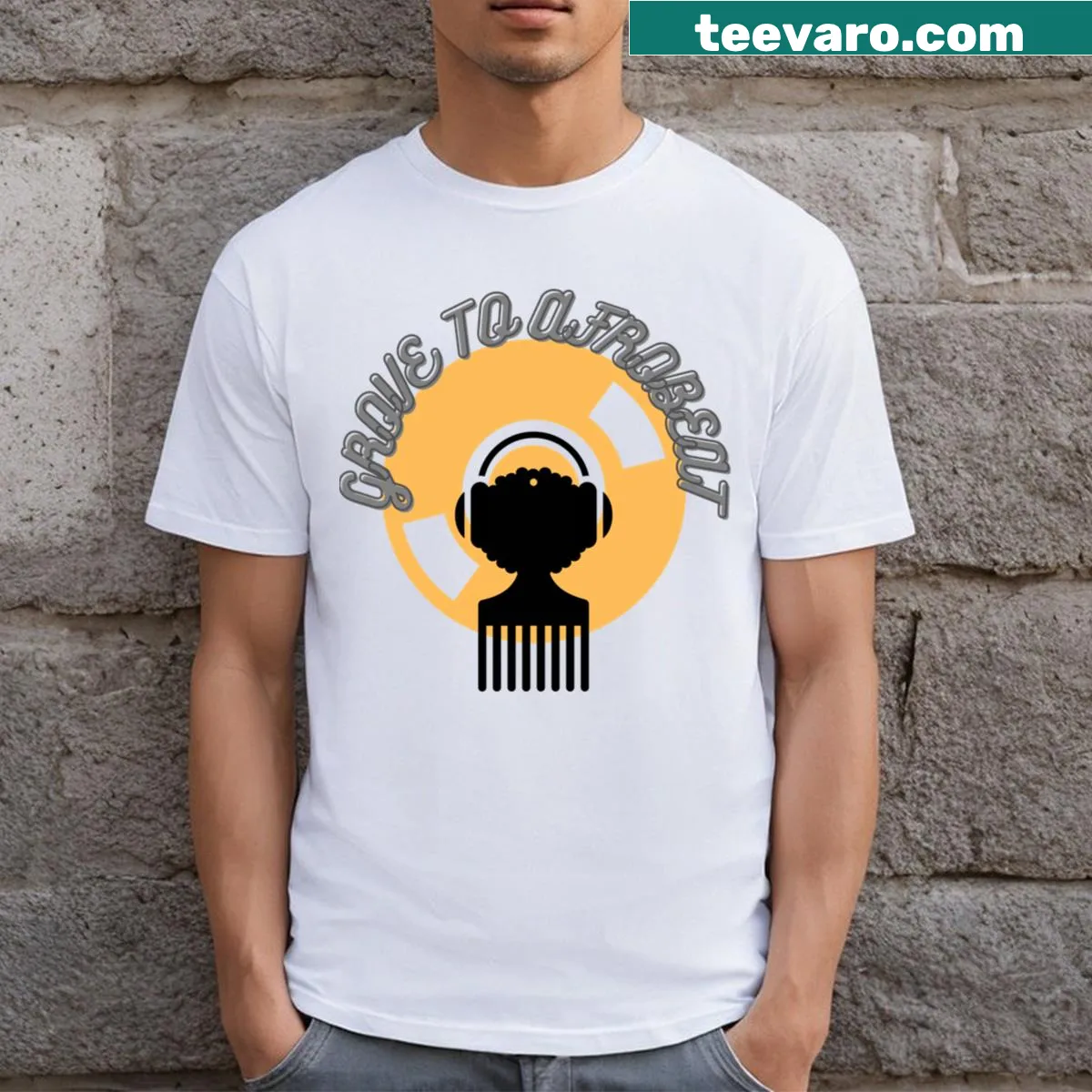 Playful t-shirt with 'Grove To Afrobeat' text design. — on a men's t-shirt