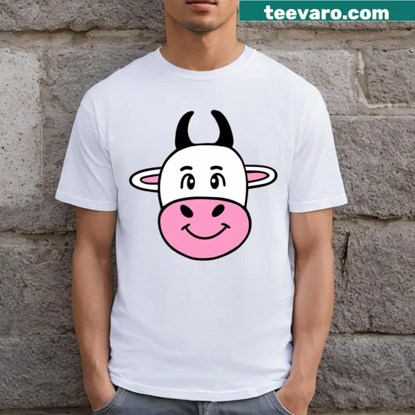 Cute cow illustration on a T-shirt featuring a happy cow art design