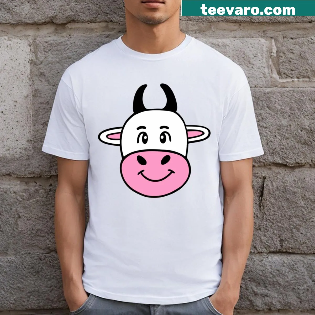 Cute cow illustration on a T-shirt featuring a happy cow art design — on a men's t-shirt