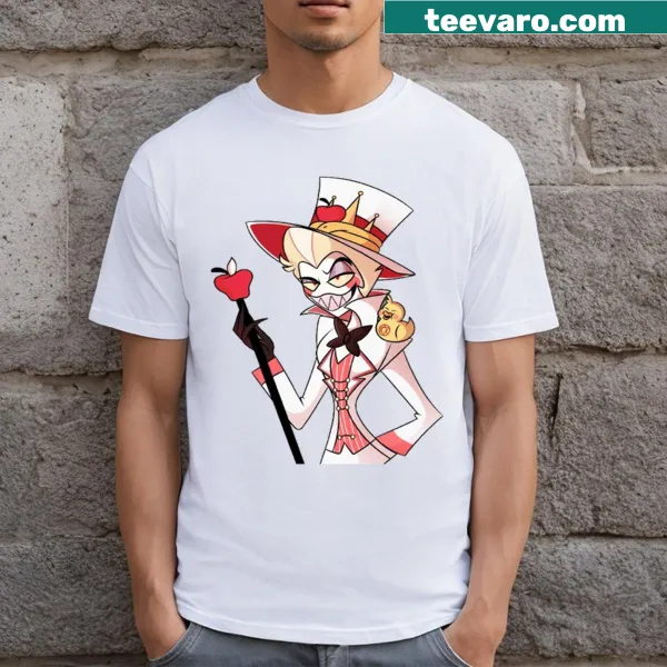 Illustrated T-shirt featuring Lucifer Morningstar from Hazbin Hotel.