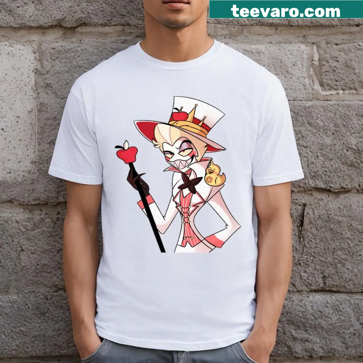 Illustrated T-shirt featuring Lucifer Morningstar from Hazbin Hotel. — on a men's t-shirt