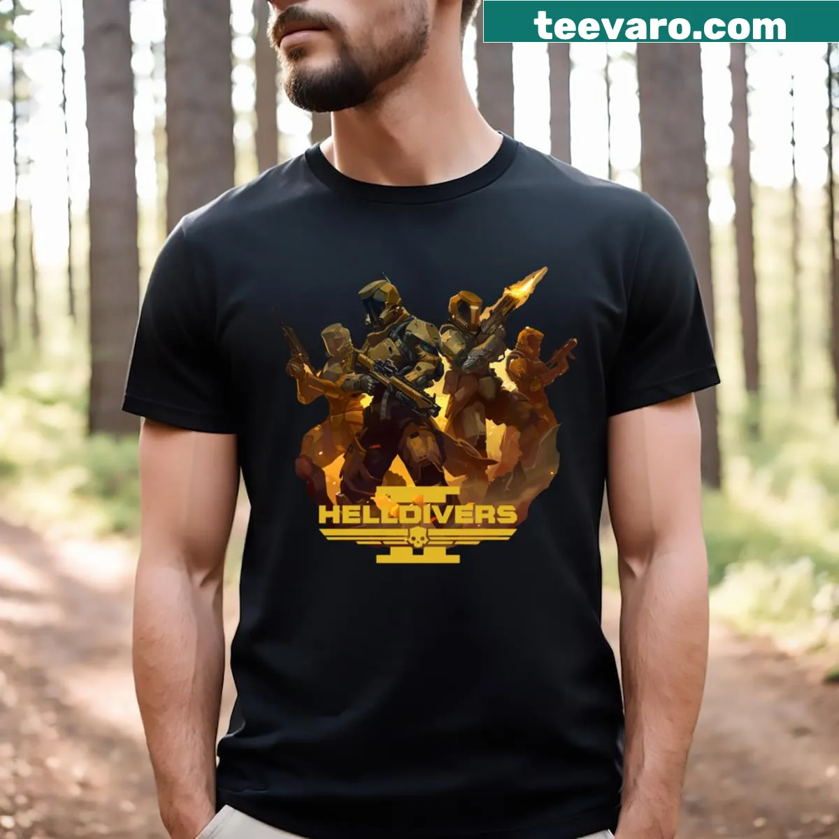 Helldivers T-shirt featuring a bold game sticker design — on a men's t-shirt
