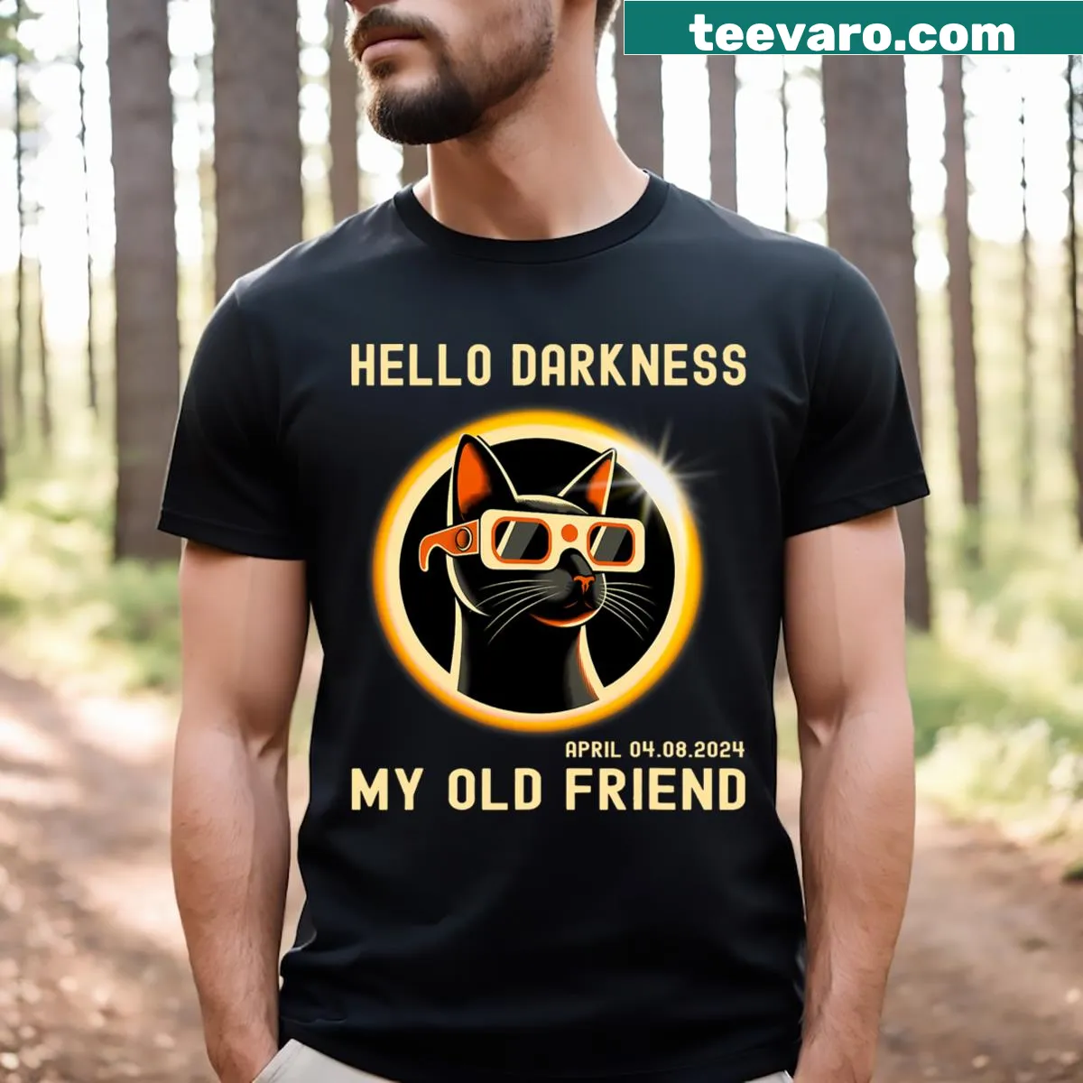 Cat silhouette design with solar eclipse theme for April 2024 — on a men's t-shirt