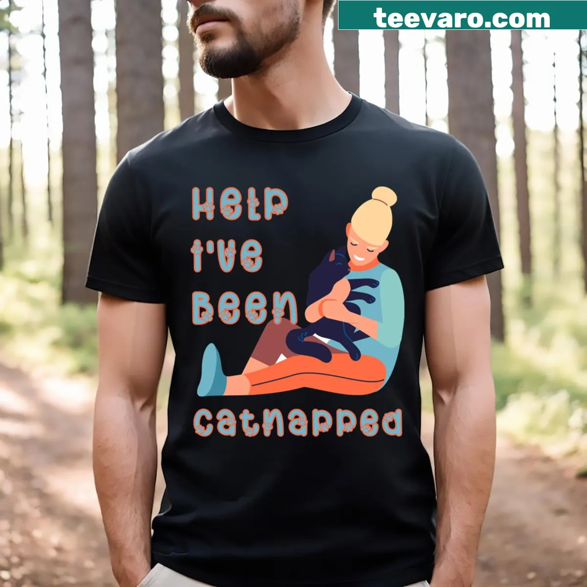 Funny T-shirt with cartoon cat and humorous saying about cat ownership — on a men's t-shirt