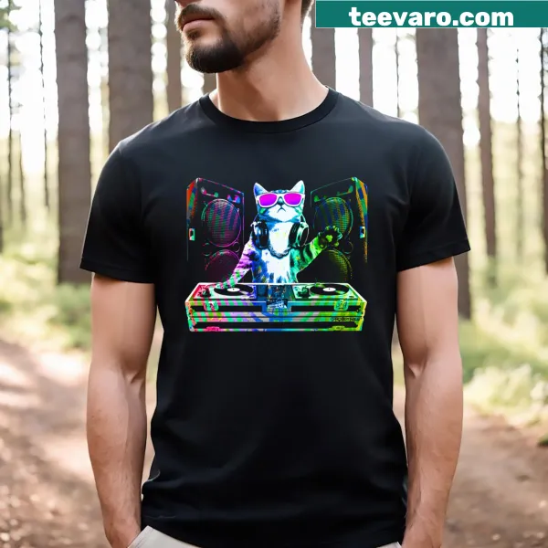 Whimsical DJ cat T-shirt with a cat wearing headphones and turntables