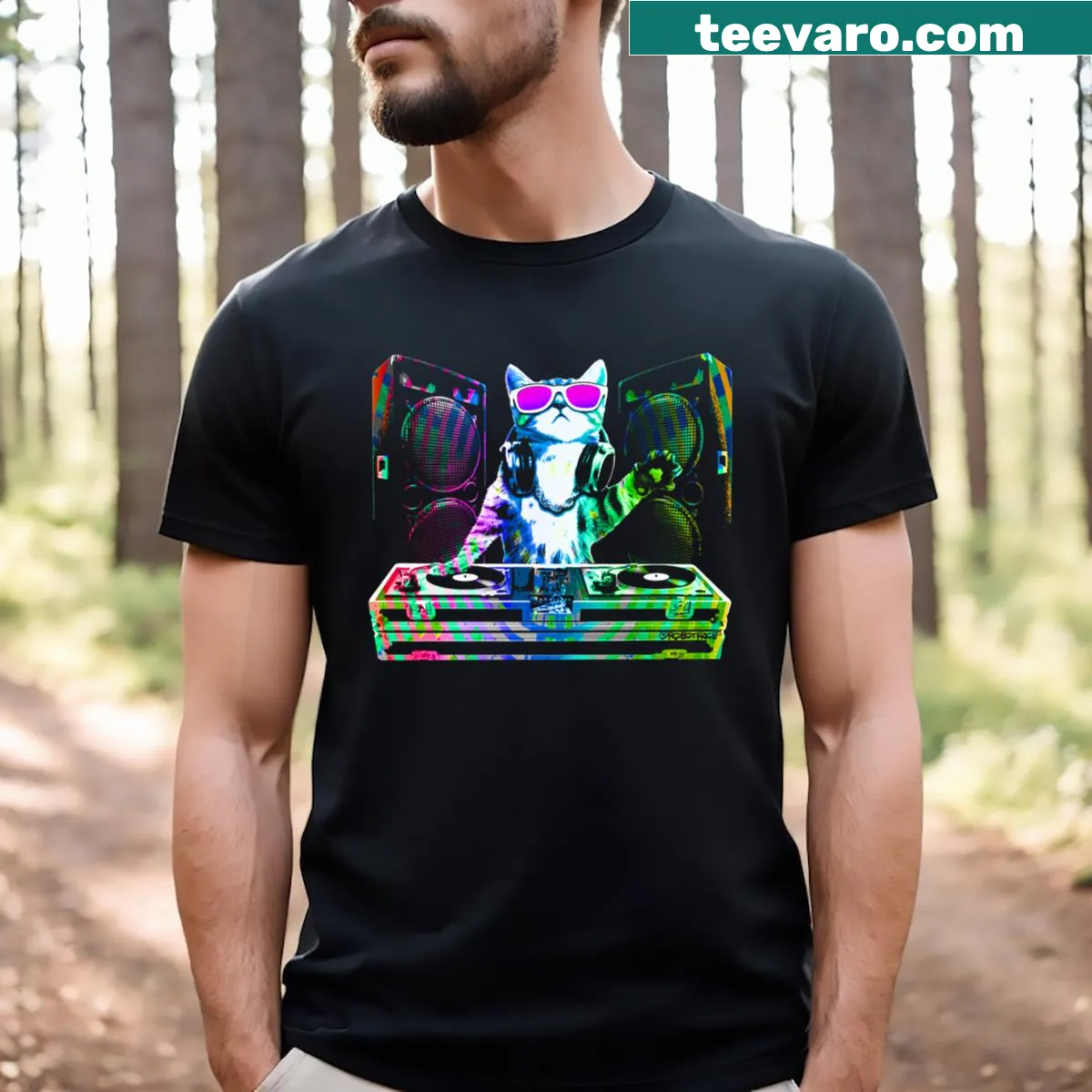 Whimsical DJ cat T-shirt with a cat wearing headphones and turntables — on a men's t-shirt