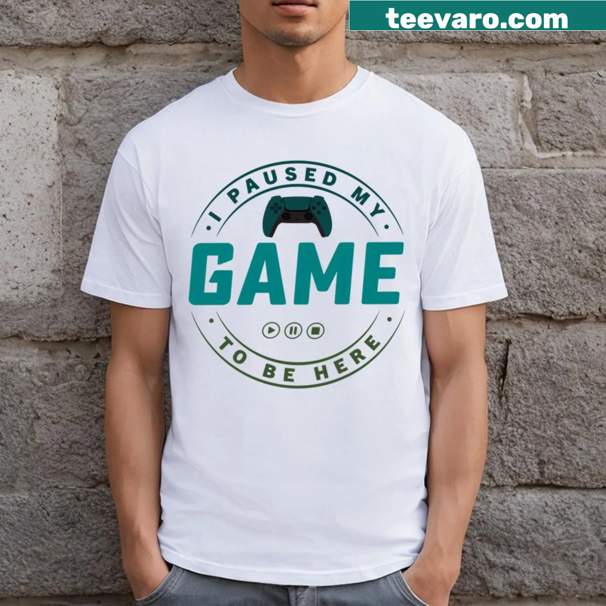 Essential gamer t-shirt with 'I Paused My Game' phrase — on a men's t-shirt