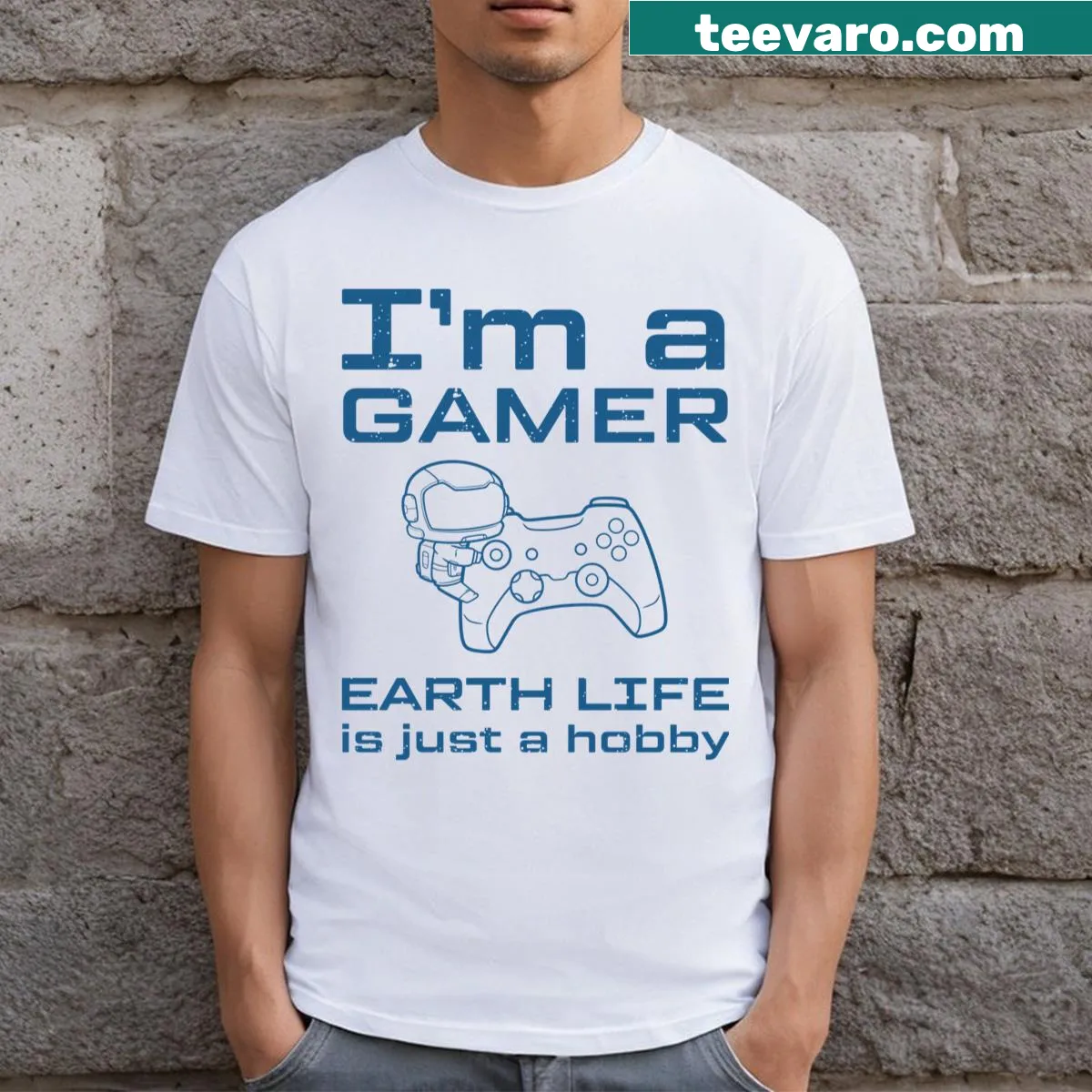 T-shirt with a gaming astronaut graphic and playful statement — on a men's t-shirt