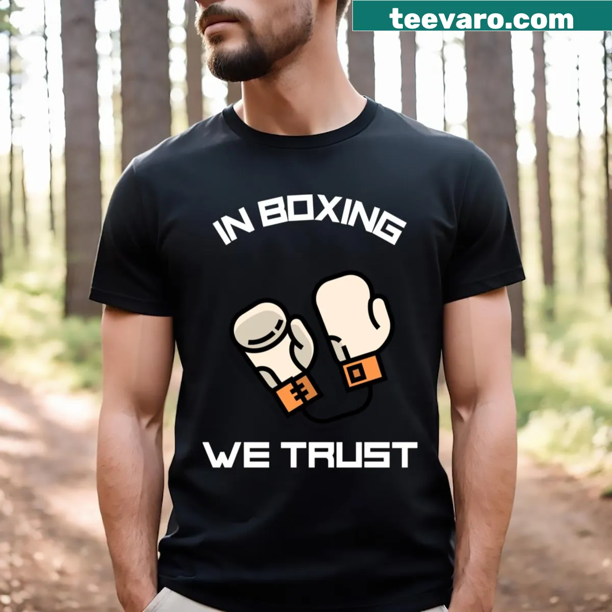 T-shirt featuring the phrase 'In Boxing We Trust' in a bold design. — on a men's t-shirt