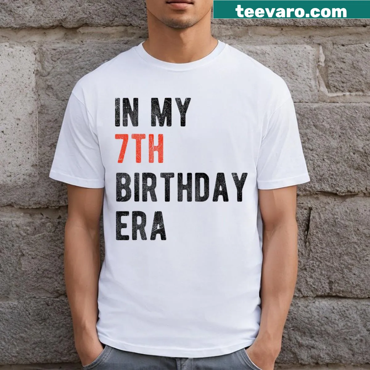 Vintage birthday t-shirt for 7-year-olds with playful text — on a men's t-shirt